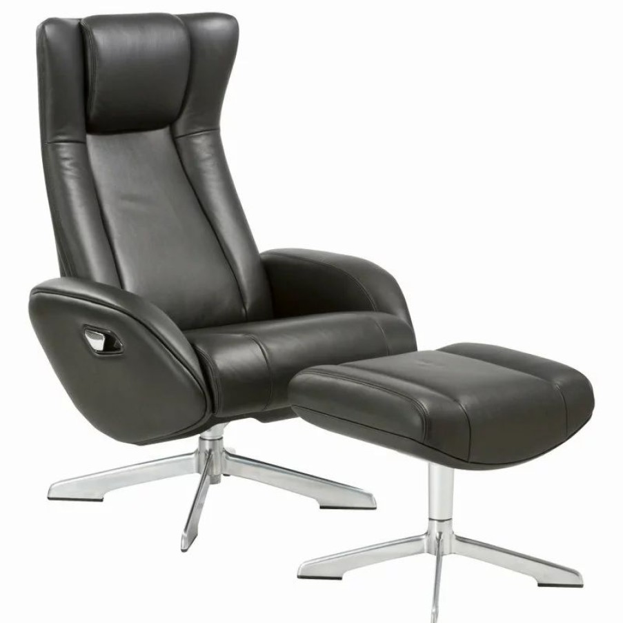 Chairs * | World Source Design Llc Tahiti Top Grain Leather Ergonomic Manual Recliner & Ottoman Set, Black/Silver