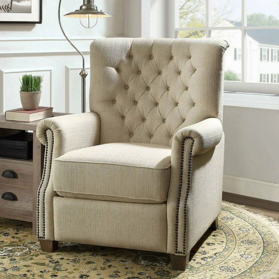 Chairs * | Decorn Push Back Recliner Chair, Diamond Tufted Back & Rolled Arms, Beige Fabric