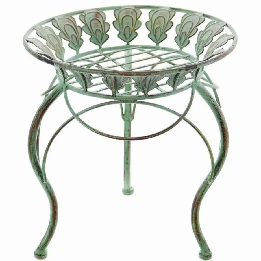 Coffee & Accent Tables * | Home Garden Collections 13 Round Metal Plant Stand With Peacock Tail Motif And Curved Legs