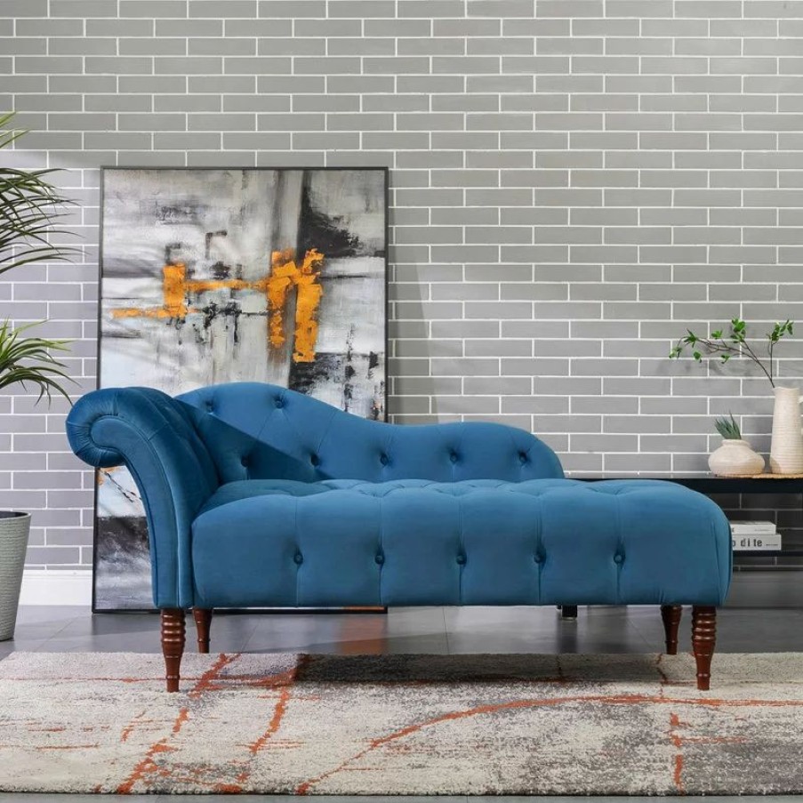 Chairs * | Jennifer Taylor Home Samuel 66 Tufted Chaise Lounge, Right-Arm Facing, Satin Teal Blue Velvet