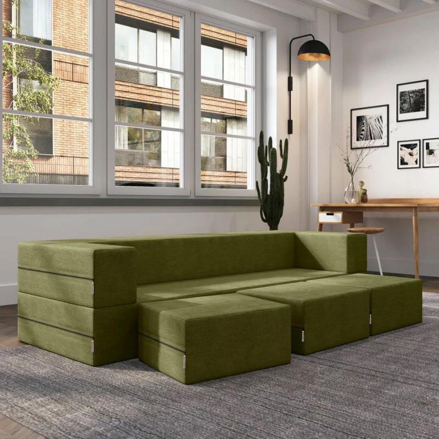 Sofas & Sectionals * | Jaxx Casual Living Jaxx Zipline Convertible Sleeper Sofa & Three Ottomans, Microvelvet Moss