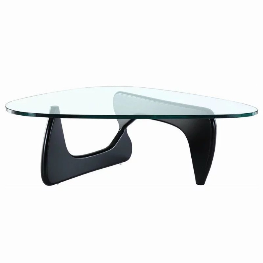 Coffee & Accent Tables * | Interior Modern Abstract Triangle Glass Top Modern Coffee Table Wooden Base, Black