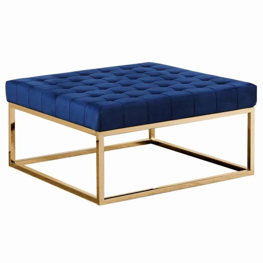 Footstools & Ottomans * | Best Master Furniture Upholstered Square Ottoman Coffee Table With Gold Base, E39, Navy Blue