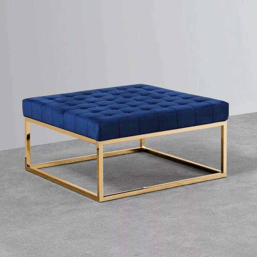 Footstools & Ottomans * | Best Master Furniture Upholstered Square Ottoman Coffee Table With Gold Base, E39, Navy Blue