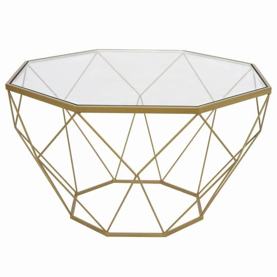 Coffee & Accent Tables * | Leisuremod Large Modern Octagon Glass Top Coffee Table, Gold Chrome Base, Gold, Md31Gg