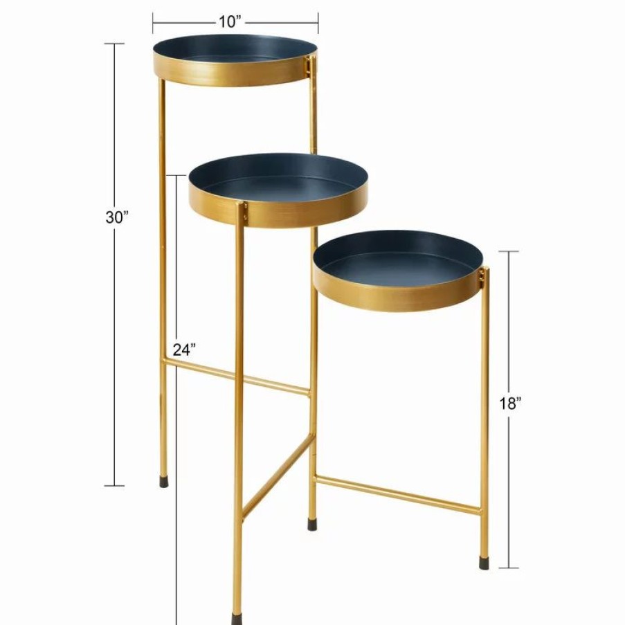 Coffee & Accent Tables * | Uniek Finn Metal Tri-Level Plant Stand, Navy Blue/Gold 16X21X30