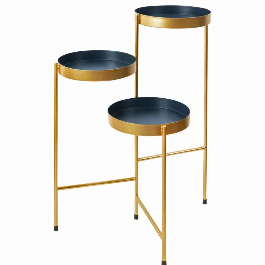 Coffee & Accent Tables * | Uniek Finn Metal Tri-Level Plant Stand, Navy Blue/Gold 16X21X30