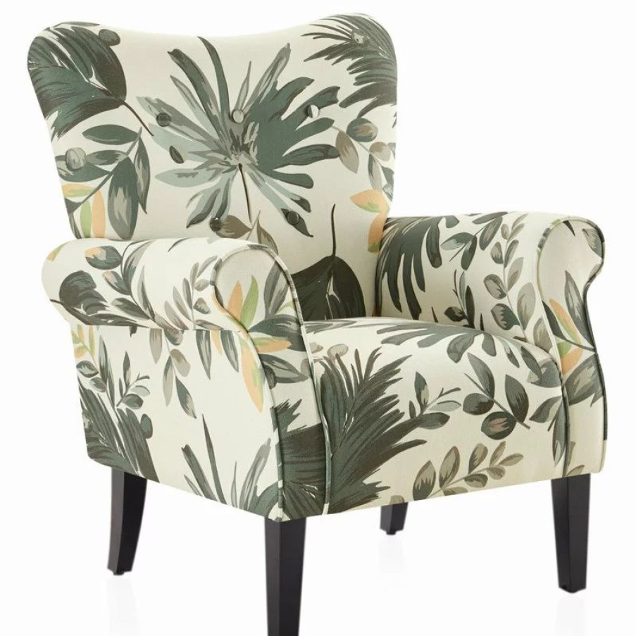 Chairs * | Belleze High Wingback Linen Armchair, Green Floral