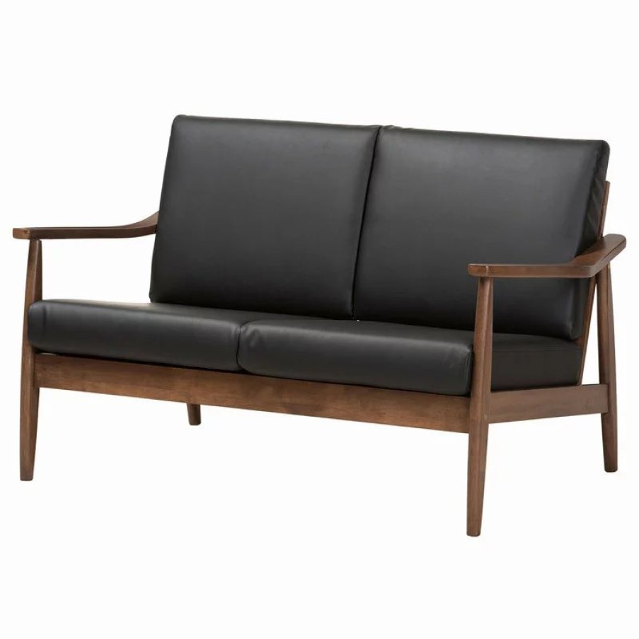 Sofas & Sectionals * | Baxton Studio Venza Mid-Century Modern Walnut Wood Black Faux Leather 2-Seater Loveseat