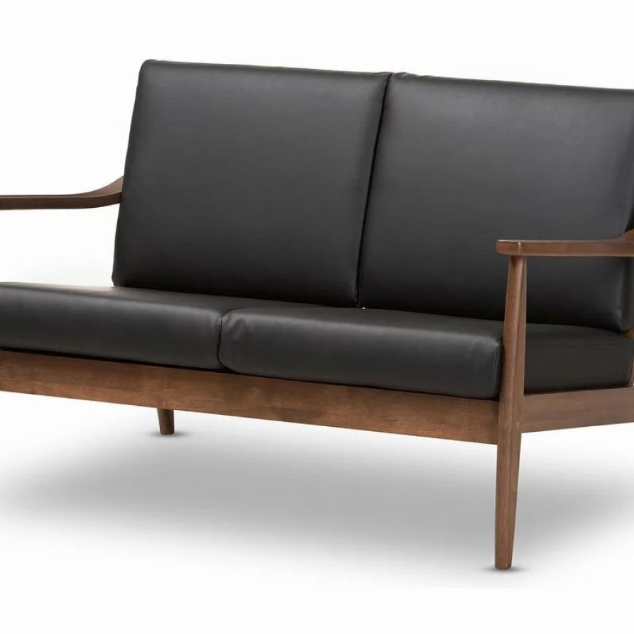 Sofas & Sectionals * | Baxton Studio Venza Mid-Century Modern Walnut Wood Black Faux Leather 2-Seater Loveseat