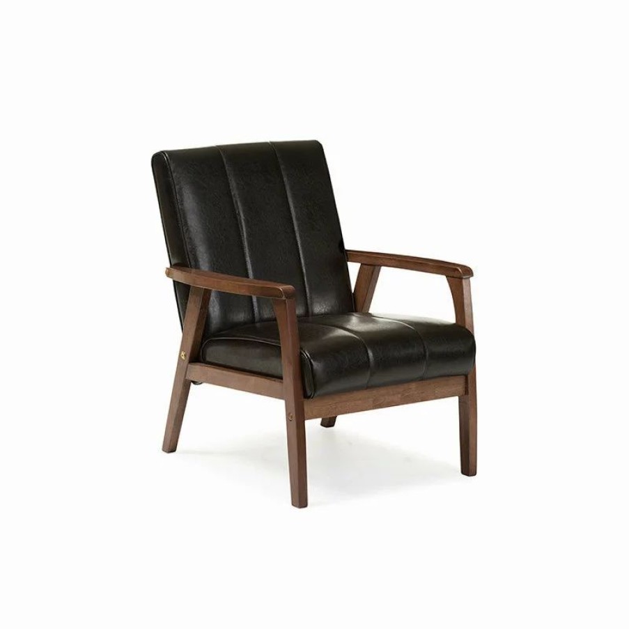 Chairs * | Baxton Studio Nikko Faux Leather Wooden Lounge Chair, Black