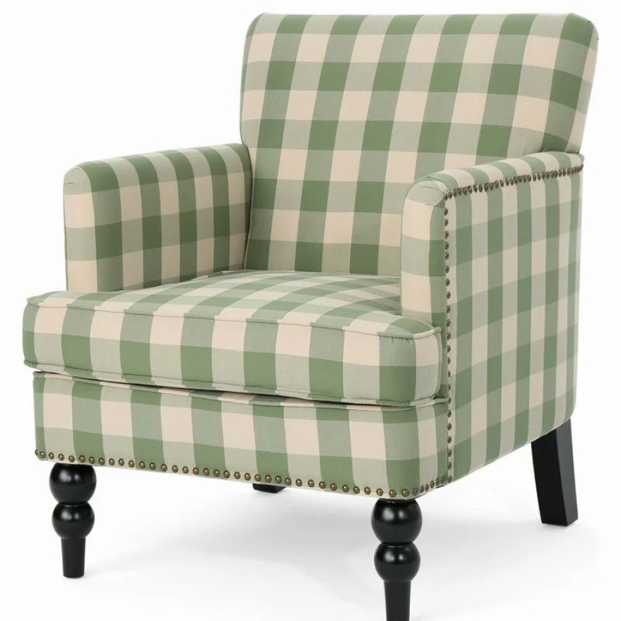 Chairs * | Gdfstudio Gdf Studio Eve Tufted Fabric Club Chair, Green Checkerboard/Dark Brown