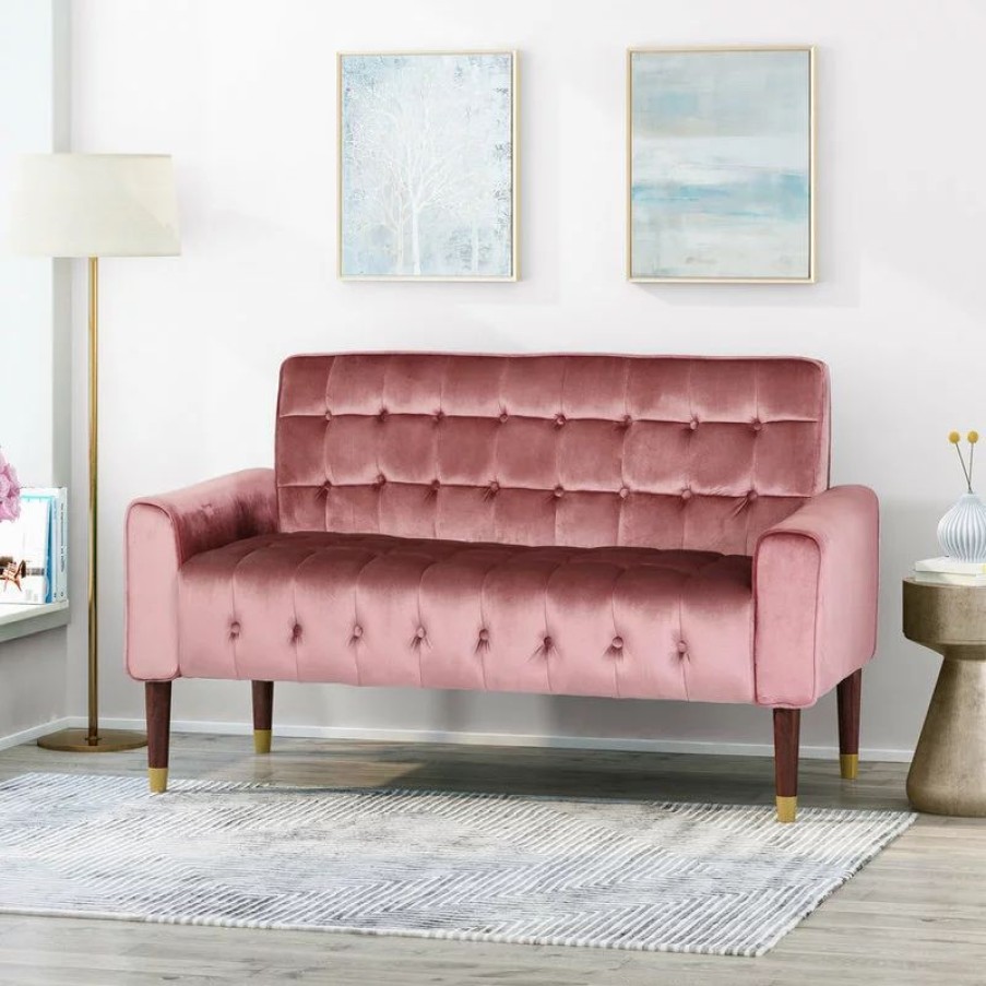 Sofas & Sectionals * | Gdfstudio Aubrie Tufted Velvet Loveseat With Gold Tipped Tapered Legs, Blush, Gold Finish