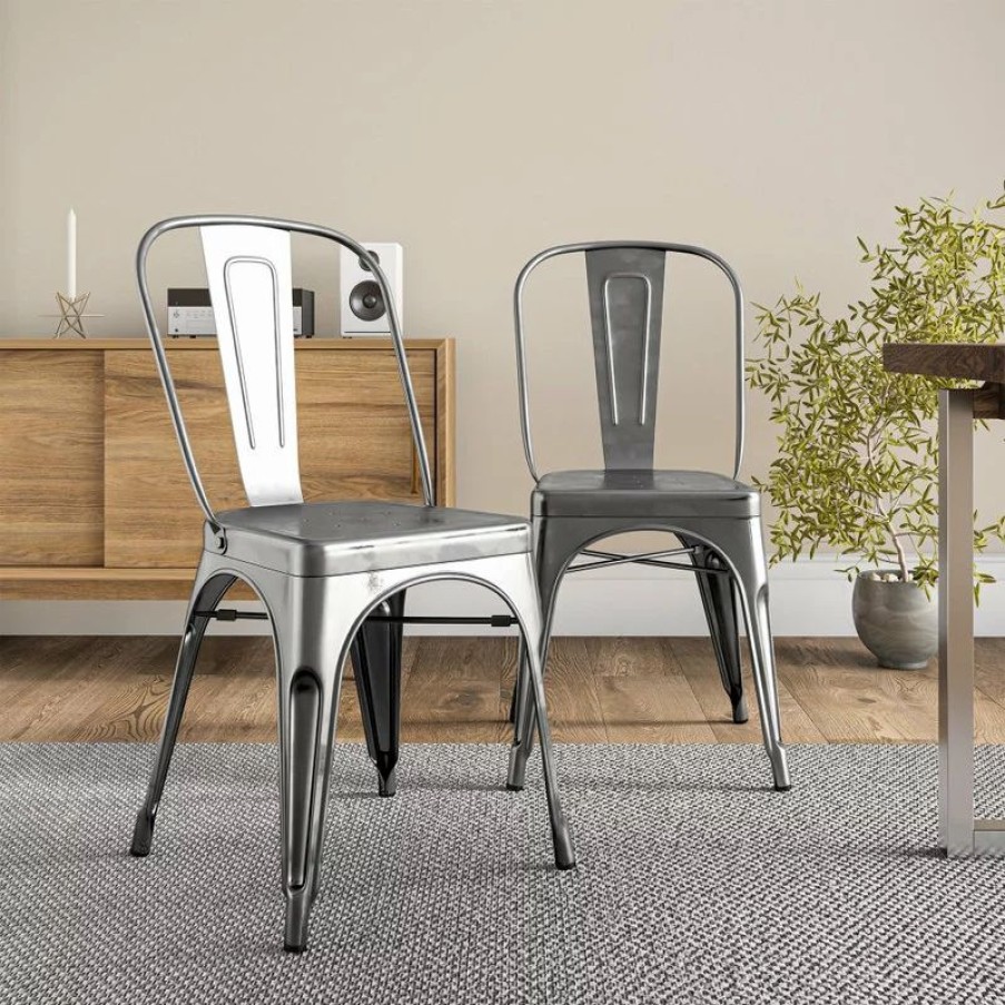 Chairs * | Belleze Trattoria Dining Chair, Metal, Stackable, Set Of 4, Gunmetal