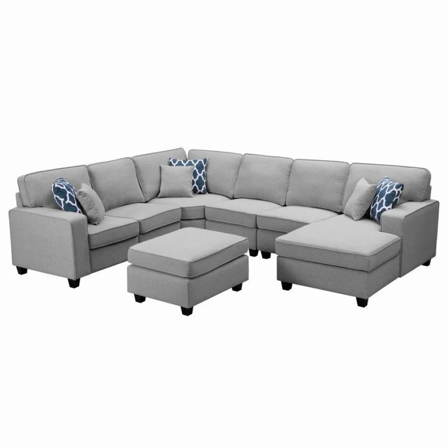 Sofas & Sectionals * | Lilola Home Willowleaf 7Pc Modular Sectional Sofa Chaise Ottoman, Light Gray Linen