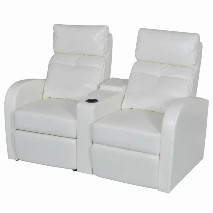 Chairs * | Vida Xl International B.V. White Artificial Leather 2-Seat Home Theater Recliner Sofa Lounge W/ Cup Holder