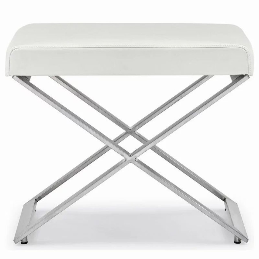 Footstools & Ottomans * | Zuri Furniture Modern Fenix Ottoman Smooth White Leatherette Brushed Stainless Steel Base