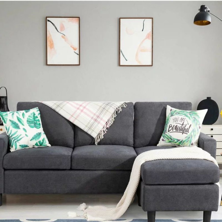 Sofas & Sectionals * | Decor Love Modern Sectional Sofa, Linen Upholstery & Reversible Chaise Lounge, Grey