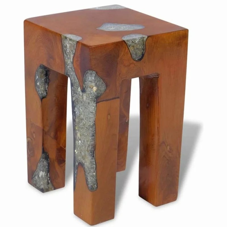 Coffee & Accent Tables * | Vida Xl International B.V. Vidaxl Solid Teak Wood Stool Chair Side Accent Table Flower Plant Stand Resin