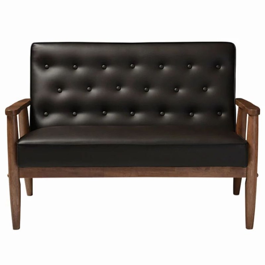 Sofas & Sectionals * | Baxton Studio Sorrento Retro Upholstered Wooden 2-Seater Loveseat, Brown Faux Leather