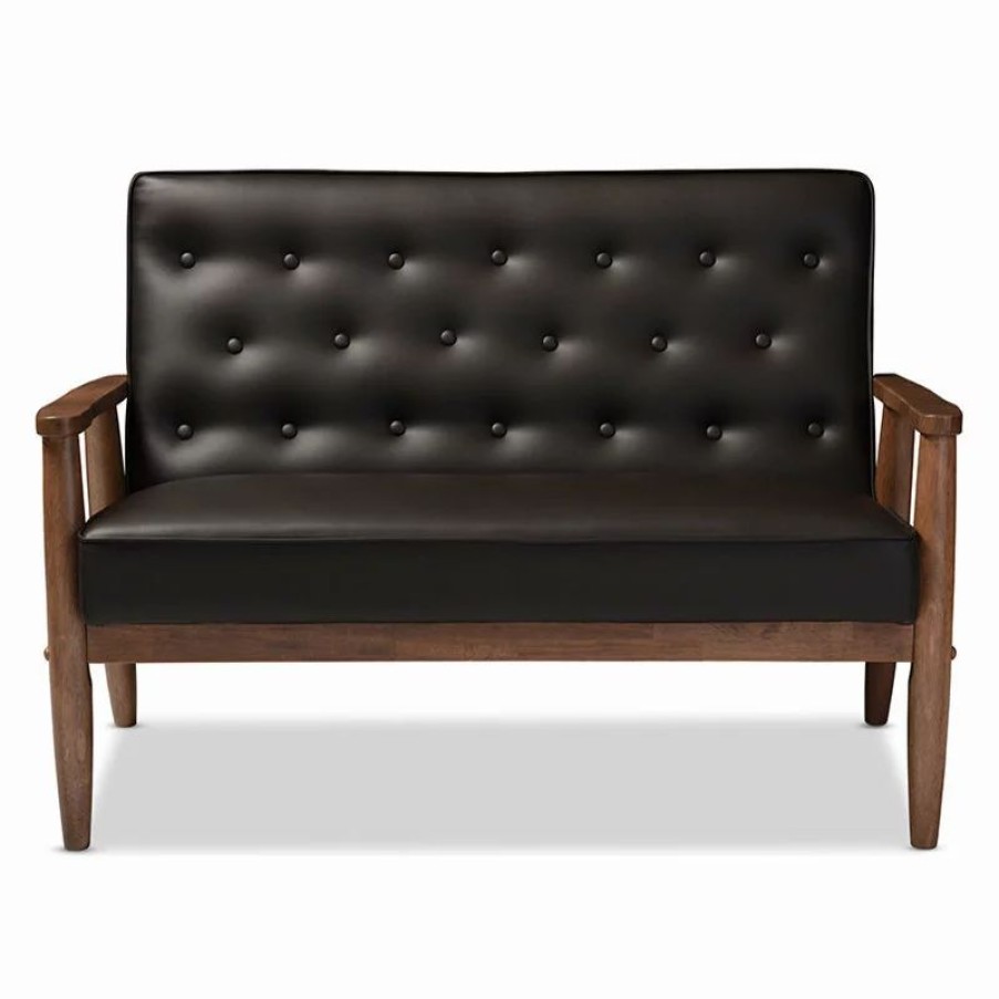 Sofas & Sectionals * | Baxton Studio Sorrento Retro Upholstered Wooden 2-Seater Loveseat, Brown Faux Leather