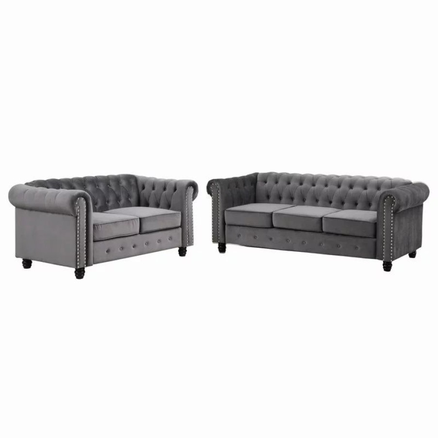 Sofas & Sectionals * | Best Master Furniture Venice Upholstered Living Room Sofa And Loveseat, 2-Piece Set, Velvet Gray