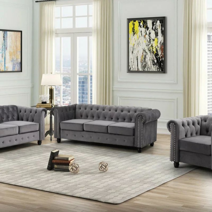 Sofas & Sectionals * | Best Master Furniture Venice Upholstered Living Room Sofa And Loveseat, 2-Piece Set, Velvet Gray