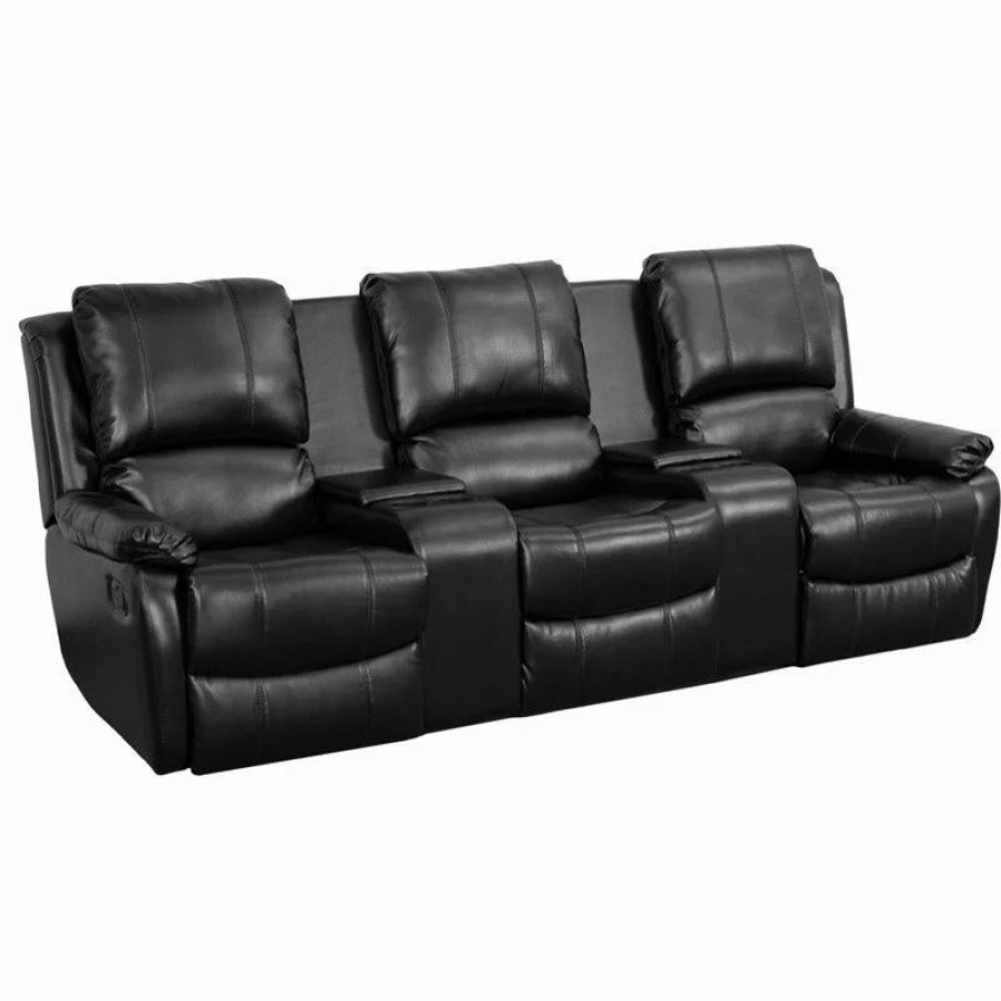 Chairs * | Flash Furniture Black Leather Pillowtop 3-Seat Home Theater Recliner