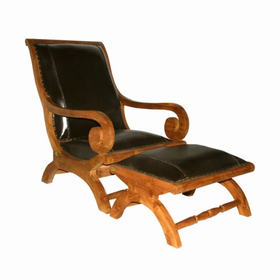 Chairs * | Chic Teak Inc. Teak Wood And Leather Bahama Lazy Chair With Ottoman