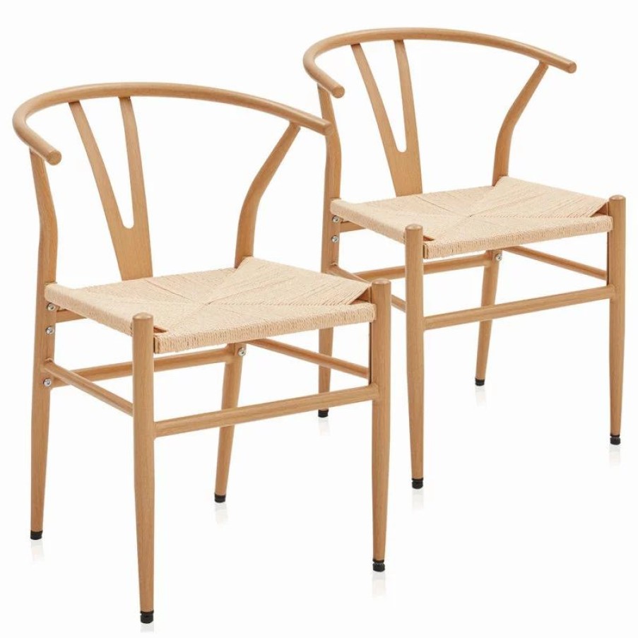 Chairs * | Belleze Set Of 2 Weave Dining Chair, Mid-Century Metal Y-Shaped Backrest Accent Chair