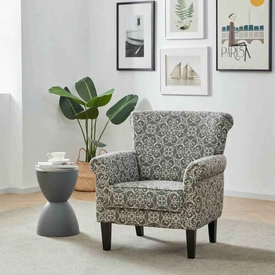 Chairs * | Belleze Arm Fabric Upholstered Chair Nailhead Trim Accent Chair, Gray