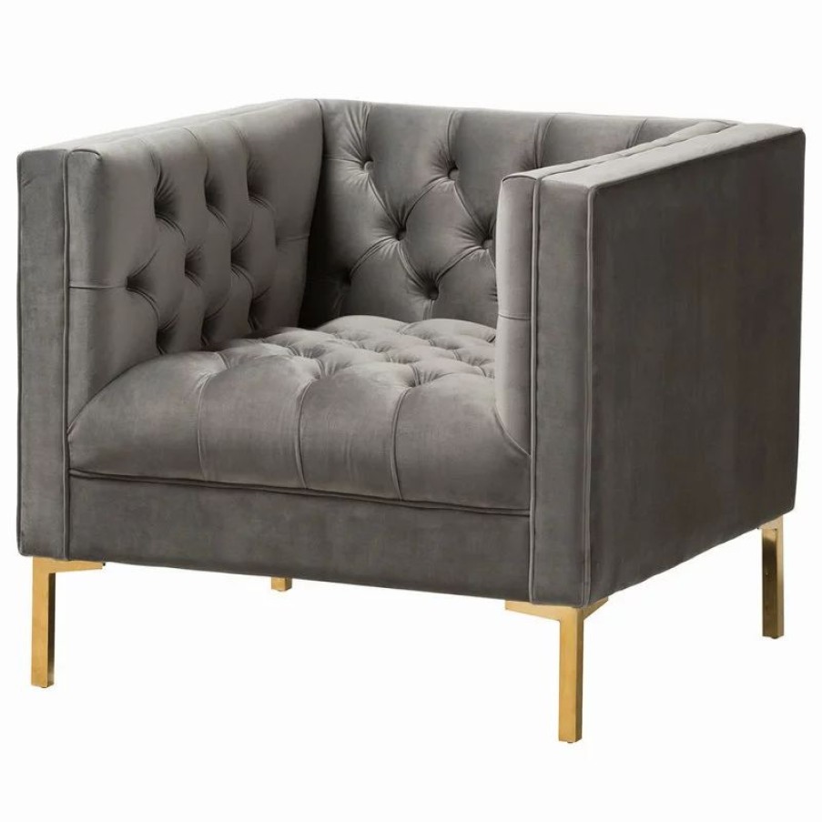 Chairs * | Baxton Studio Zanetta Velvet Upholstered Gold Lounge Chair, Gray