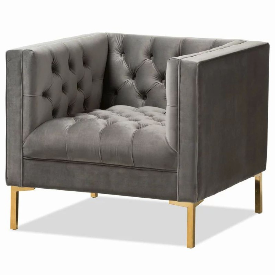 Chairs * | Baxton Studio Zanetta Velvet Upholstered Gold Lounge Chair, Gray