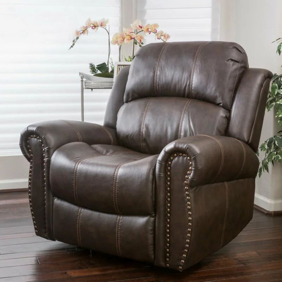 Chairs * | Gdfstudio Gdf Studio Harbor Brown Leather Glider Recliner Club Chair