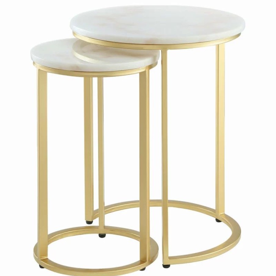 Coffee & Accent Tables * | 2-Piece Inspired Home Araya End Table, Round Marble/Stackable, Gold