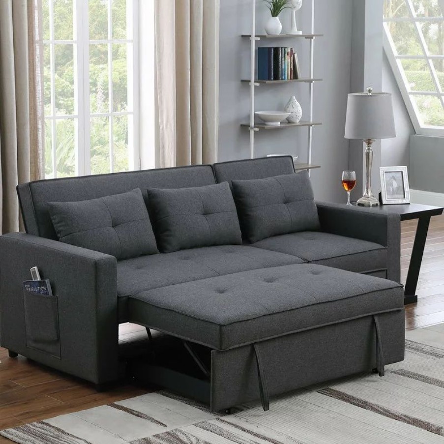 Sofas & Sectionals * | Lilola Home Zoey Linen Convertible Sleeper Sofa With Side Pocket, Dark Gray