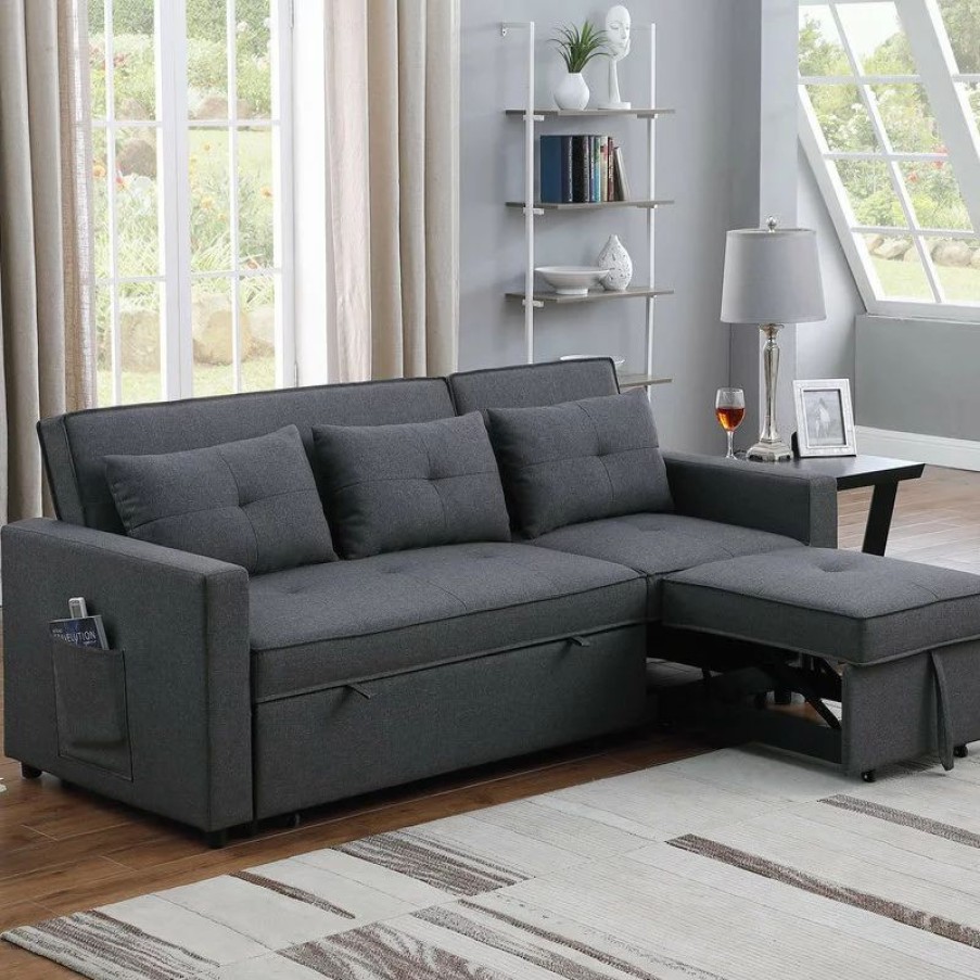 Sofas & Sectionals * | Lilola Home Zoey Linen Convertible Sleeper Sofa With Side Pocket, Dark Gray