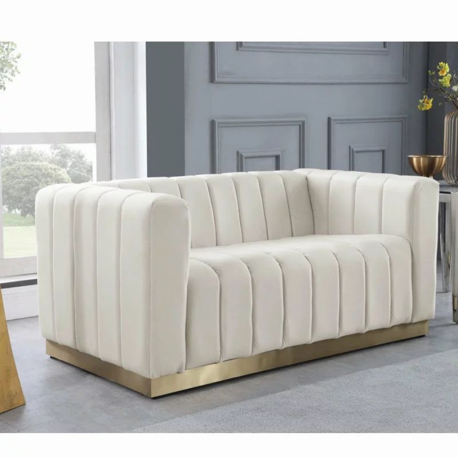 Sofas & Sectionals * | Meridian Furniture Marlon Velvet Loveseat With Brushed Gold Stainless Steel Base, Cream