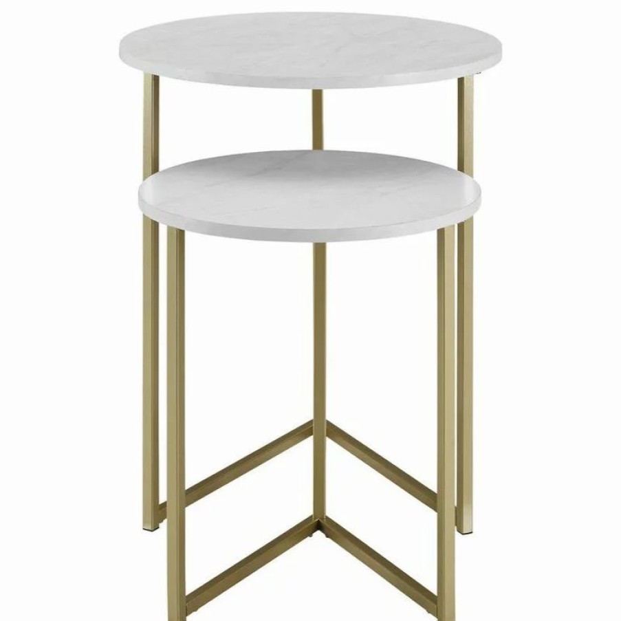 Coffee & Accent Tables * | Walker Edison 2-Piece V-Leg Nesting Side Tables White Faux Marble/Gold