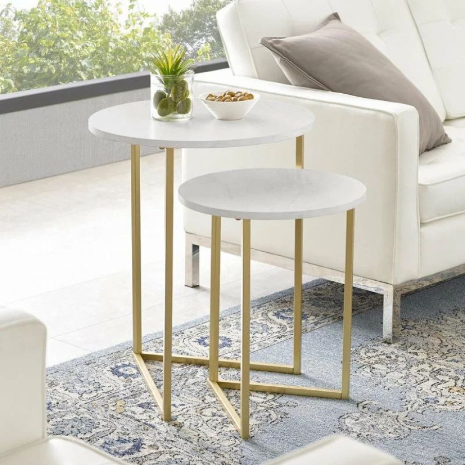 Coffee & Accent Tables * | Walker Edison 2-Piece V-Leg Nesting Side Tables White Faux Marble/Gold