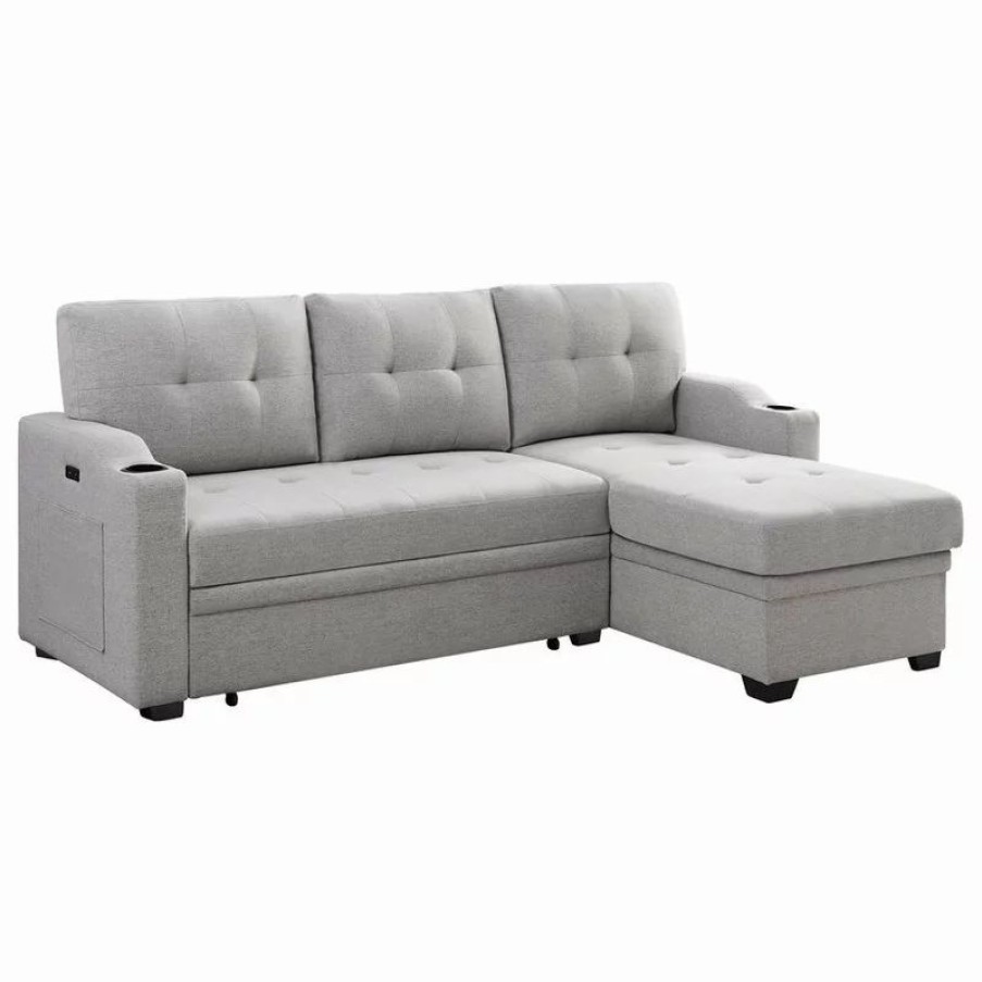 Sofas & Sectionals * | Lilola Home Mabel Fabric Sleeper Sectional With Cupholder, Usb And Pocket, Light Gray, Linen