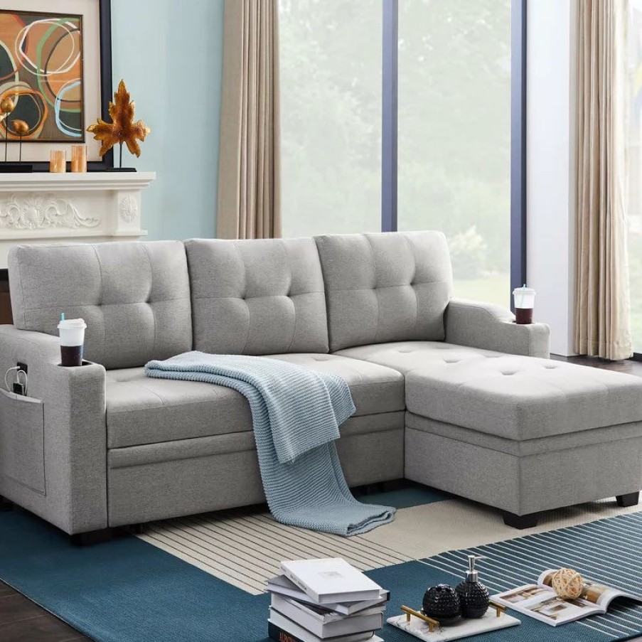 Sofas & Sectionals * | Lilola Home Mabel Fabric Sleeper Sectional With Cupholder, Usb And Pocket, Light Gray, Linen