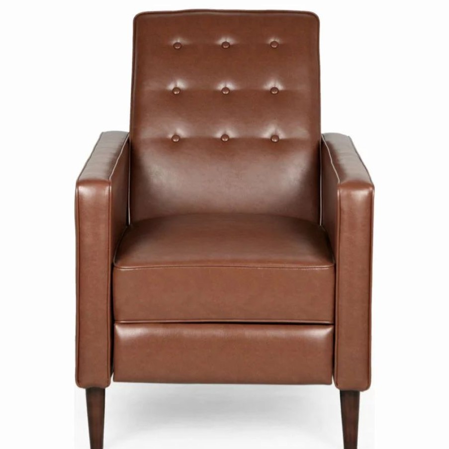 Chairs * | Gdfstudio Gdf Studio Macedonia Mid-Century Modern Button Tufted Fabric Recliner, Cognac/Espresso Faux Leather