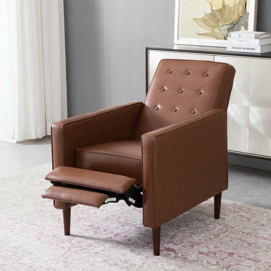 Chairs * | Gdfstudio Gdf Studio Macedonia Mid-Century Modern Button Tufted Fabric Recliner, Cognac/Espresso Faux Leather