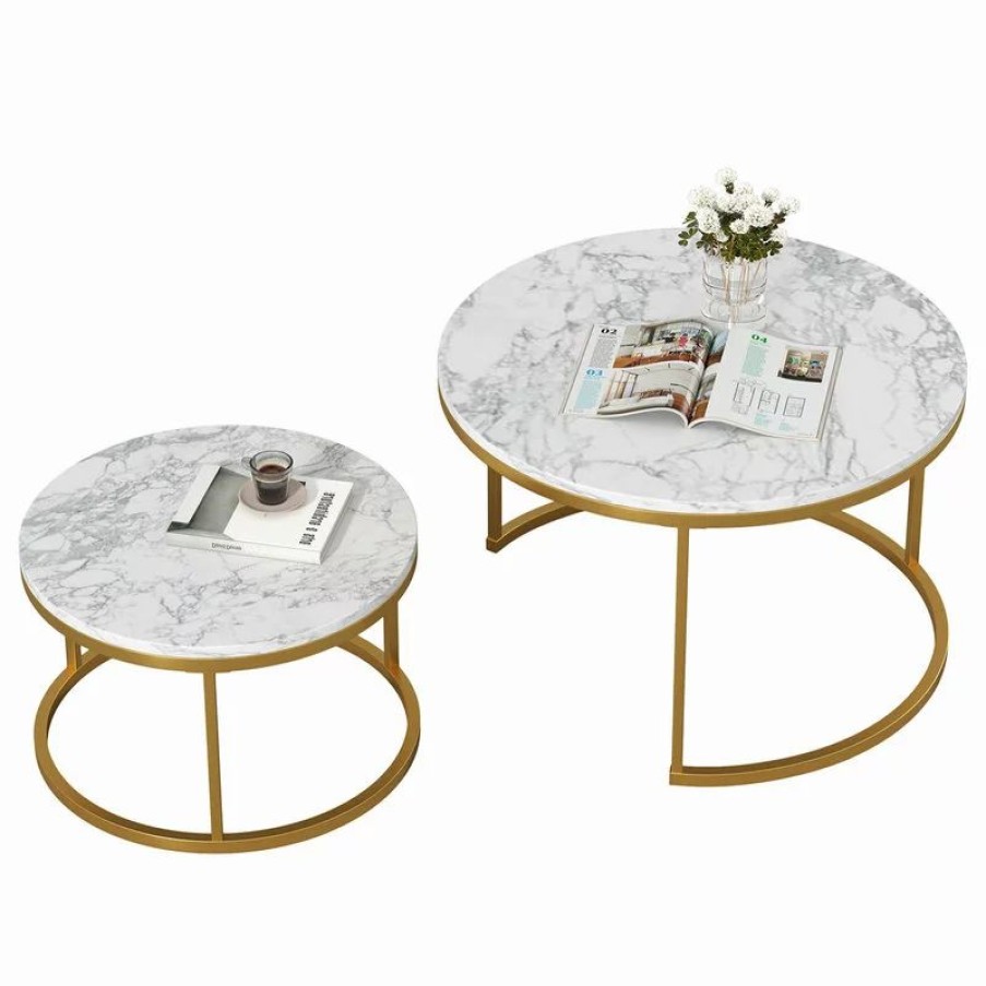 Coffee & Accent Tables * | Cipacho 29 .5 Golden Frame Marble Color Top Round Wood Coffee Table, 2-Piece Set