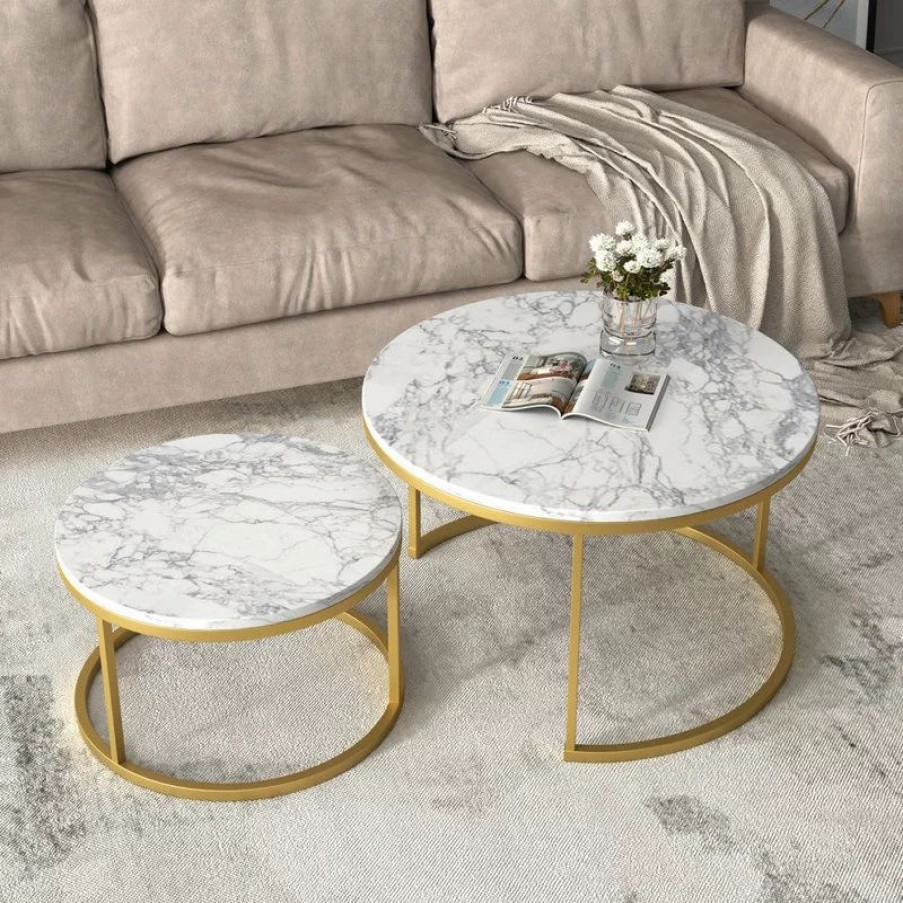 Coffee & Accent Tables * | Cipacho 29 .5 Golden Frame Marble Color Top Round Wood Coffee Table, 2-Piece Set