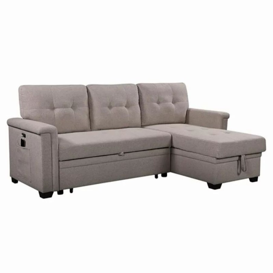 Sofas & Sectionals * | Bowery Hill Light Gray Reversible Sleeper Sofa Storage Chaise Usb Charging Port