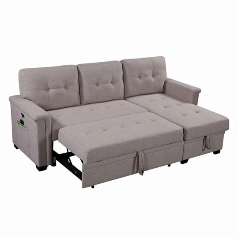 Sofas & Sectionals * | Bowery Hill Light Gray Reversible Sleeper Sofa Storage Chaise Usb Charging Port