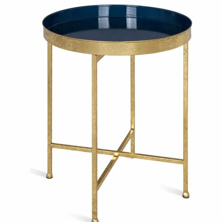 Coffee & Accent Tables * | Uniek Celia Round Metal Side Table, Gold Navy Blue