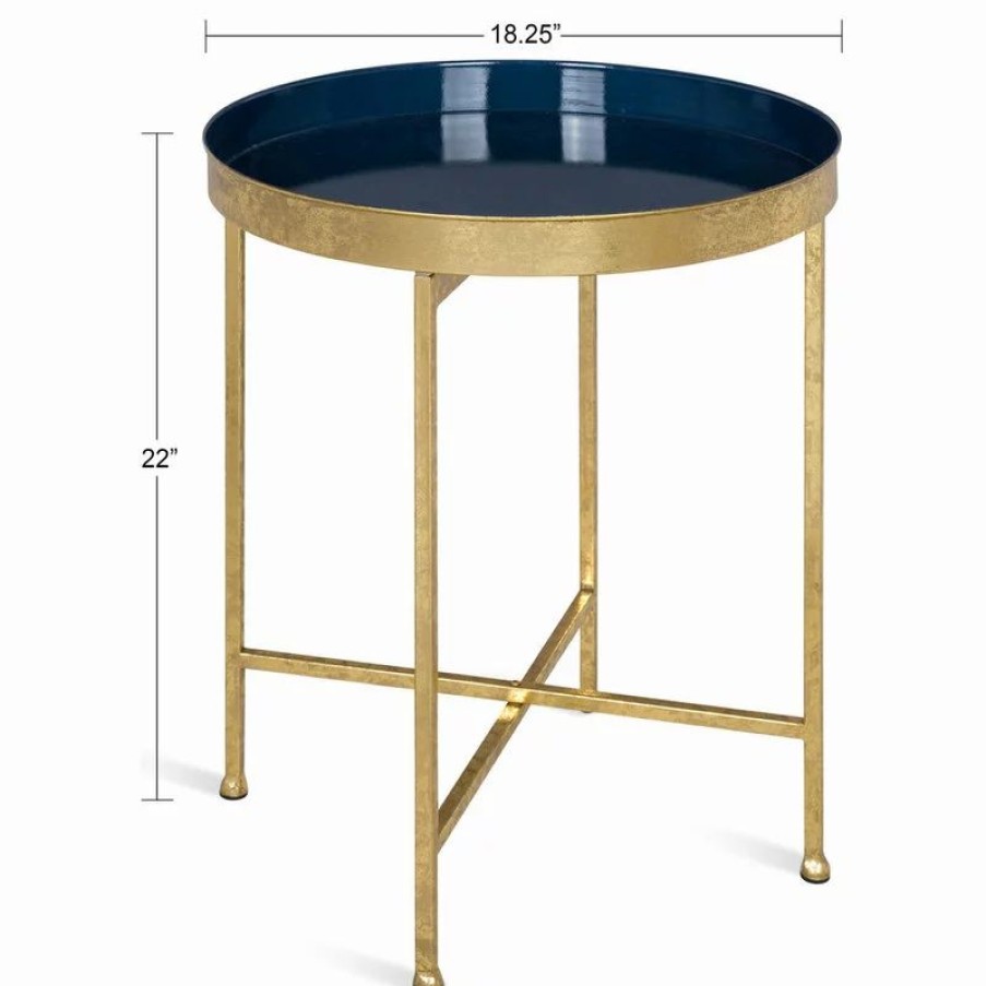 Coffee & Accent Tables * | Uniek Celia Round Metal Side Table, Gold Navy Blue